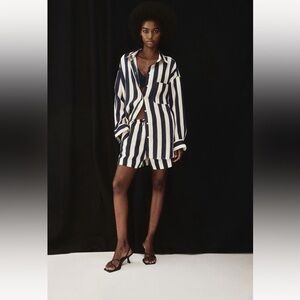 H&M striped oversized linen matching set shorts and button up shirt